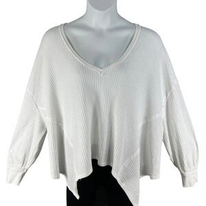 Free People Women Large White Caroline Thermal Top Asym Hem Waffle Knit Pullover